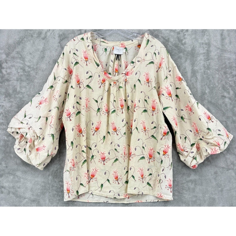 Anthropologie HD In Paris Blouse Womens 6 Sketched Rosemallow Floral Bell Sleeve
